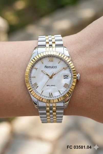 Ferrucci Gümüş & Altın Kadın Kol Saati | 35 mm Çelik Kasa, Altın Gümüş Metal Kordon, Beyaz Kadran