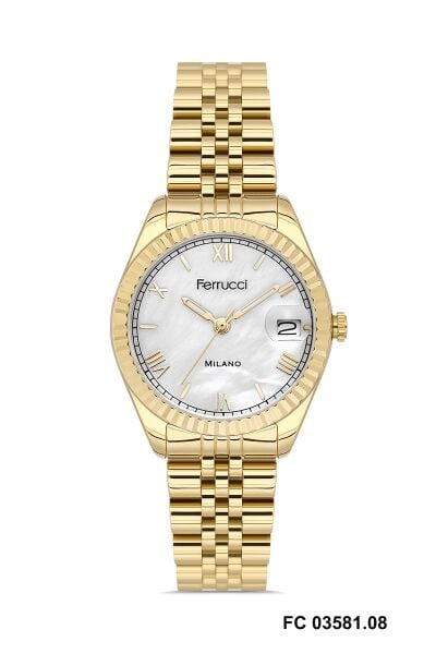 Ferrucci Altın Renk Kadın Kol Saati | 35 mm Çelik Kasa, Altın Metal Kordon, Beyaz Kadran