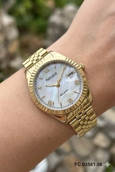 Ferrucci Altın Renk Kadın Kol Saati | 35 mm Çelik Kasa, Altın Metal Kordon, Beyaz Kadran