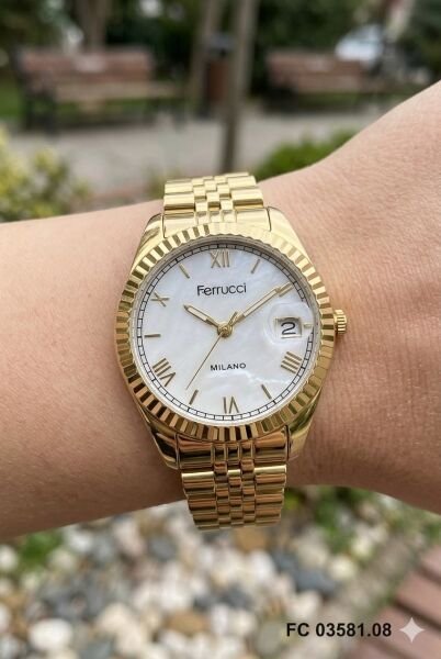 Ferrucci Altın Renk Kadın Kol Saati | 35 mm Çelik Kasa, Altın Metal Kordon, Beyaz Kadran
