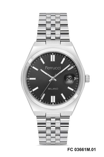 Ferrucci Modern Erkek Kol Saati | 40 mm Çelik Kasa, Gümüş Metal Kordon, Siyah Kadran