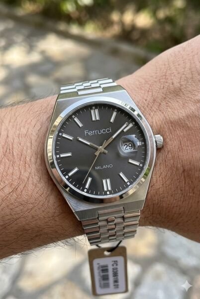 Ferrucci Modern Erkek Kol Saati | 40 mm Çelik Kasa, Gümüş Metal Kordon, Siyah Kadran