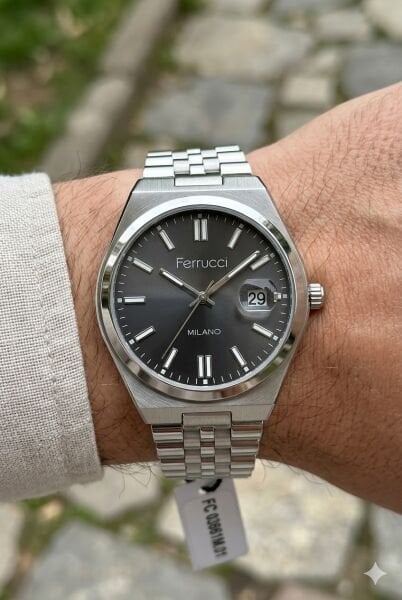 Ferrucci Modern Erkek Kol Saati | 40 mm Çelik Kasa, Gümüş Metal Kordon, Siyah Kadran