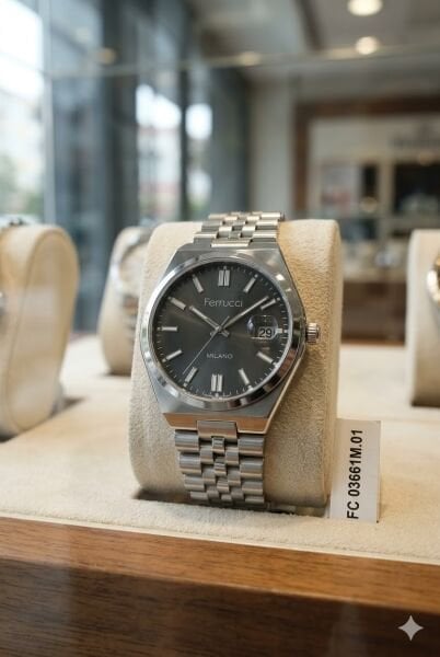 Ferrucci Modern Erkek Kol Saati | 40 mm Çelik Kasa, Gümüş Metal Kordon, Siyah Kadran