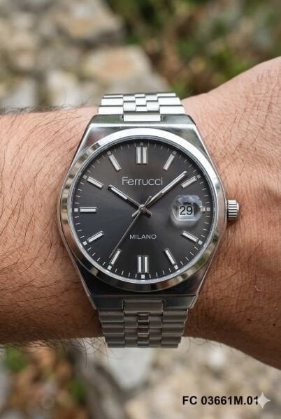 Ferrucci Modern Erkek Kol Saati | 40 mm Çelik Kasa, Gümüş Metal Kordon, Siyah Kadran