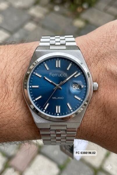 Ferrucci Modern Erkek Kol Saati | 40 mm Çelik Kasa, Gümüş Metal Kordon, Mavi Kadran