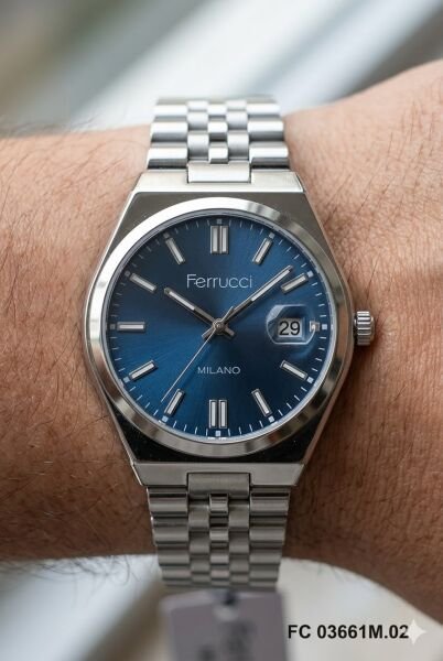 Ferrucci Modern Erkek Kol Saati | 40 mm Çelik Kasa, Gümüş Metal Kordon, Mavi Kadran
