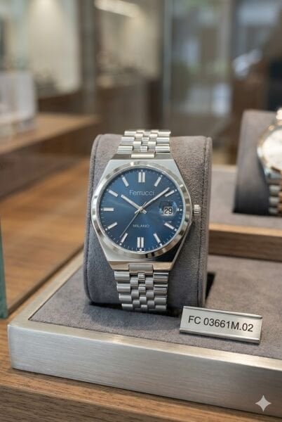 Ferrucci Modern Erkek Kol Saati | 40 mm Çelik Kasa, Gümüş Metal Kordon, Mavi Kadran