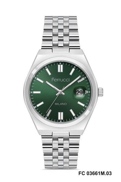 Ferrucci Modern Tasarım Erkek Kol Saati | 40 mm Çelik Kasa, Gümüş Metal Kordon, Yeşil Kadran