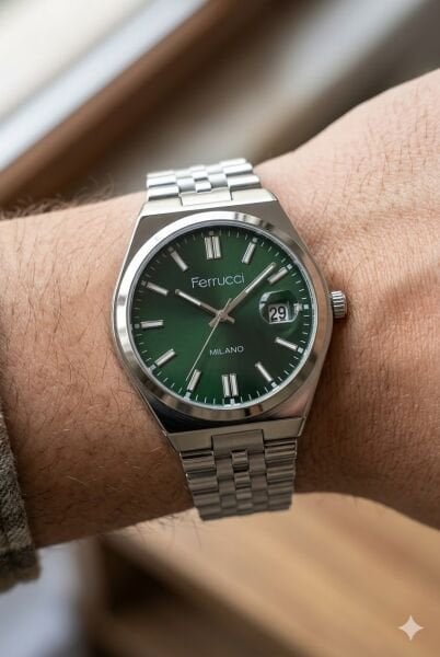 Ferrucci Modern Tasarım Erkek Kol Saati | 40 mm Çelik Kasa, Gümüş Metal Kordon, Yeşil Kadran