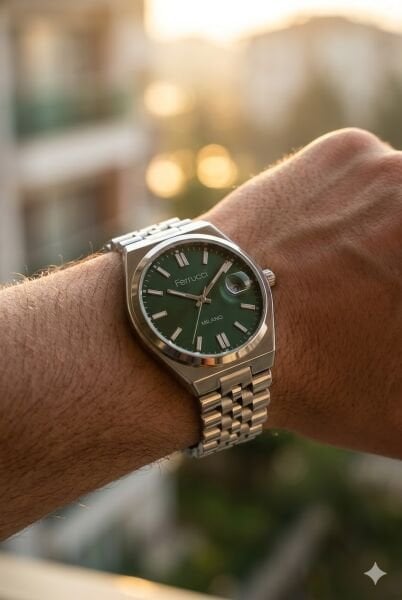 Ferrucci Modern Tasarım Erkek Kol Saati | 40 mm Çelik Kasa, Gümüş Metal Kordon, Yeşil Kadran