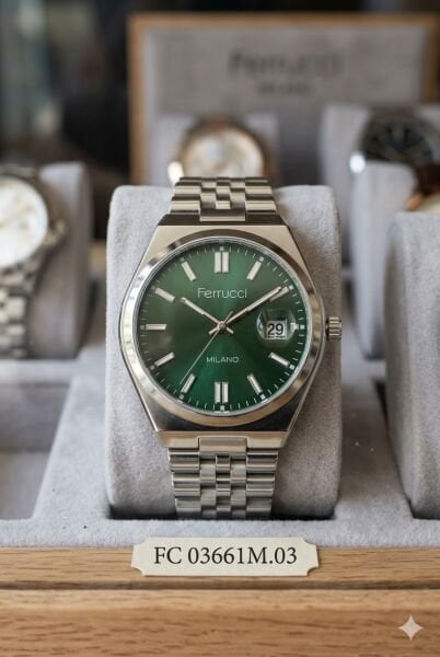 Ferrucci Modern Tasarım Erkek Kol Saati | 40 mm Çelik Kasa, Gümüş Metal Kordon, Yeşil Kadran