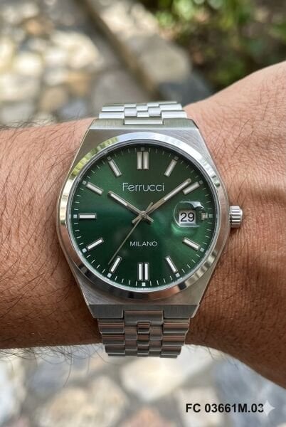 Ferrucci Modern Tasarım Erkek Kol Saati | 40 mm Çelik Kasa, Gümüş Metal Kordon, Yeşil Kadran