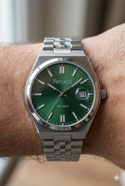 Ferrucci Modern Tasarım Erkek Kol Saati | 40 mm Çelik Kasa, Gümüş Metal Kordon, Yeşil Kadran