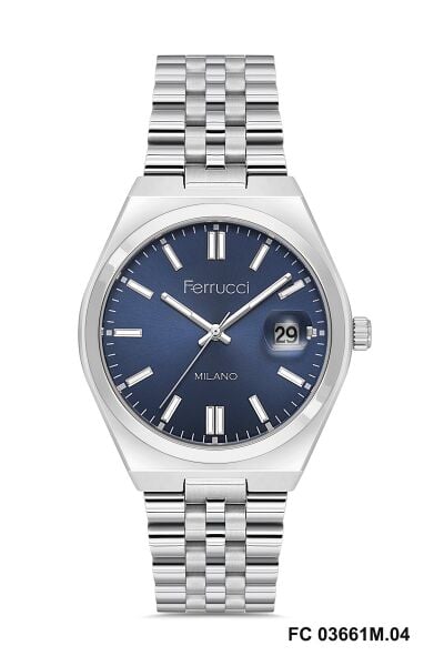 Ferrucci Modern Tasarım Erkek Kol Saati | 40 mm Çelik Kasa, Gümüş Metal Kordon, Lacivert Kadran