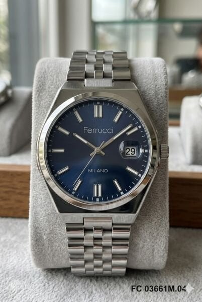 Ferrucci Modern Tasarım Erkek Kol Saati | 40 mm Çelik Kasa, Gümüş Metal Kordon, Lacivert Kadran