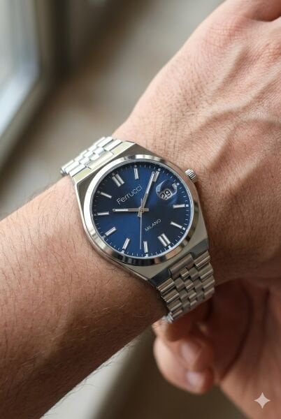 Ferrucci Modern Tasarım Erkek Kol Saati | 40 mm Çelik Kasa, Gümüş Metal Kordon, Lacivert Kadran