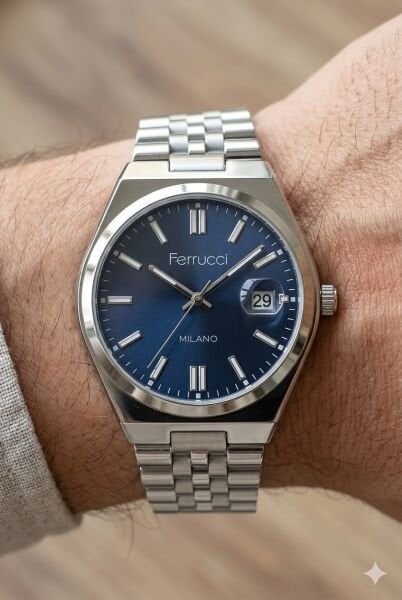 Ferrucci Modern Tasarım Erkek Kol Saati | 40 mm Çelik Kasa, Gümüş Metal Kordon, Lacivert Kadran
