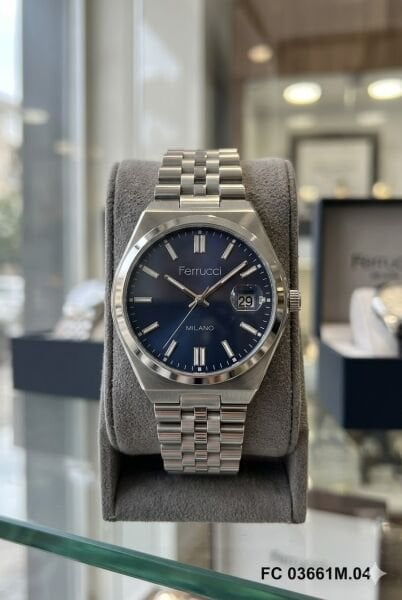 Ferrucci Modern Tasarım Erkek Kol Saati | 40 mm Çelik Kasa, Gümüş Metal Kordon, Lacivert Kadran