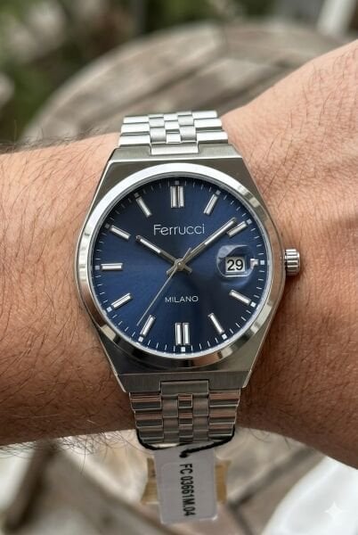 Ferrucci Modern Tasarım Erkek Kol Saati | 40 mm Çelik Kasa, Gümüş Metal Kordon, Lacivert Kadran
