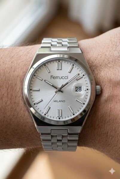 Ferrucci Modern Erkek Kol Saati | 40 mm Çelik Kasa, Gümüş Metal Kordon, Gümüş Kadran