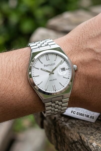 Ferrucci Modern Erkek Kol Saati | 40 mm Çelik Kasa, Gümüş Metal Kordon, Gümüş Kadran