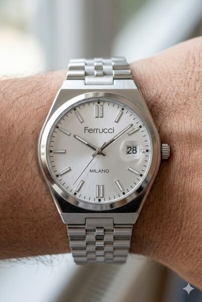 Ferrucci Modern Erkek Kol Saati | 40 mm Çelik Kasa, Gümüş Metal Kordon, Gümüş Kadran