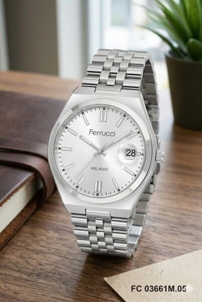 Ferrucci Modern Erkek Kol Saati | 40 mm Çelik Kasa, Gümüş Metal Kordon, Gümüş Kadran