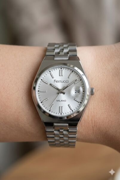 Ferrucci Modern ve Zarif Kadın Kol Saati | 30 mm Çelik Kasa, Gümüş Metal Kordon, Gümüş Kadran