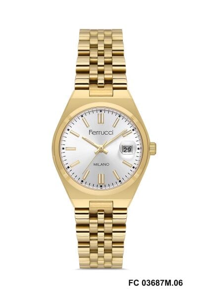 Ferrucci Modern ve Zarif Kadın Kol Saati | 30 mm Çelik Kasa, Altın Metal Kordon, Gümüş Kadran