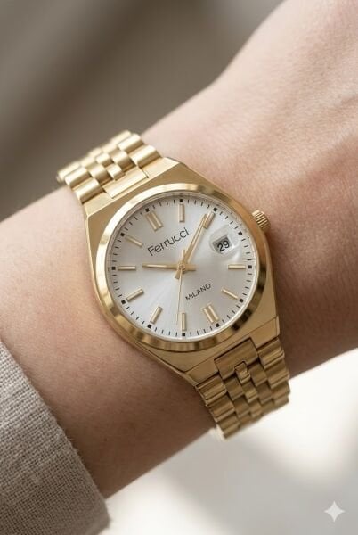 Ferrucci Modern ve Zarif Kadın Kol Saati | 30 mm Çelik Kasa, Altın Metal Kordon, Gümüş Kadran
