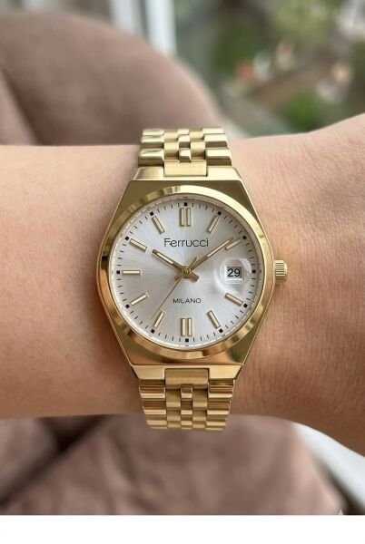 Ferrucci Modern ve Zarif Kadın Kol Saati | 30 mm Çelik Kasa, Altın Metal Kordon, Gümüş Kadran