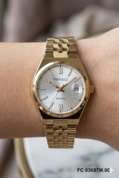 Ferrucci Modern ve Zarif Kadın Kol Saati | 30 mm Çelik Kasa, Altın Metal Kordon, Gümüş Kadran