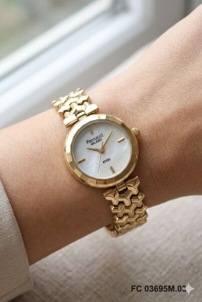 Ferrucci Altın Yuvarlak Kasa Kadın Kol Saati | 26 mm Çelik Kasa, Altın Metal Kordon, Gümüş Kadran