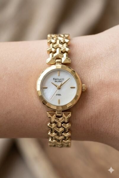 Ferrucci Altın Yuvarlak Kasa Kadın Kol Saati | 26 mm Çelik Kasa, Altın Metal Kordon, Gümüş Kadran