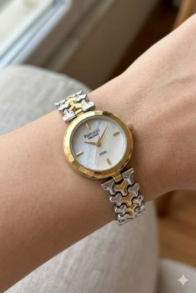 Ferrucci Zarif Tasarım Kadın Kol Saati | 26 mm Çelik Kasa, Altın Gümüş Metal Kordon, Beyaz Kadran