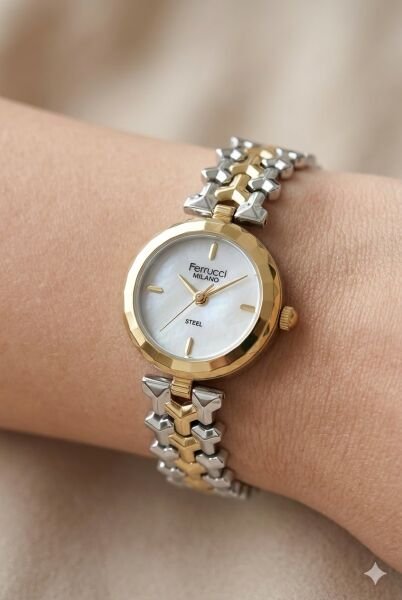 Ferrucci Zarif Tasarım Kadın Kol Saati | 26 mm Çelik Kasa, Altın Gümüş Metal Kordon, Beyaz Kadran