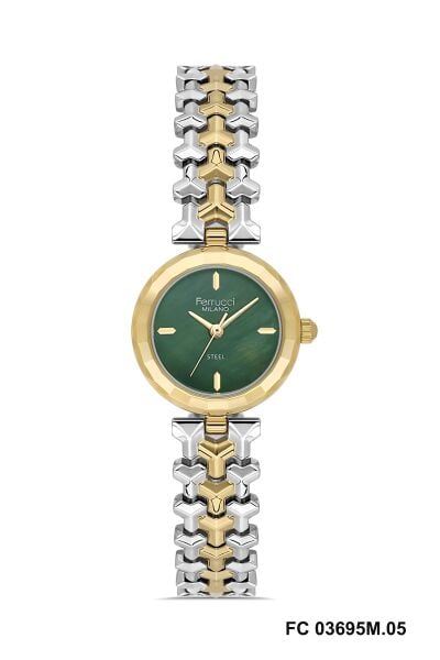 Ferrucci Zarif ve Şık Tasarım Kadın Kol Saati | 26 mm Çelik Kasa, Altın Gümüş Metal Kordon, Yeşil Kadran