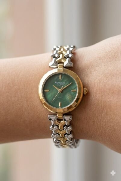 Ferrucci Zarif ve Şık Tasarım Kadın Kol Saati | 26 mm Çelik Kasa, Altın Gümüş Metal Kordon, Yeşil Kadran