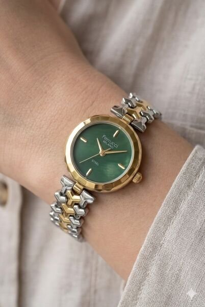 Ferrucci Zarif ve Şık Tasarım Kadın Kol Saati | 26 mm Çelik Kasa, Altın Gümüş Metal Kordon, Yeşil Kadran