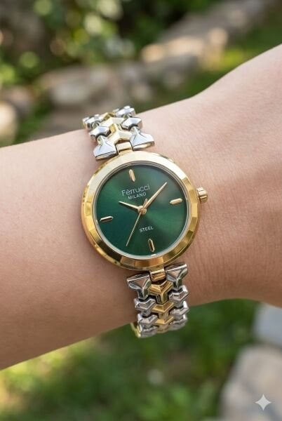 Ferrucci Zarif ve Şık Tasarım Kadın Kol Saati | 26 mm Çelik Kasa, Altın Gümüş Metal Kordon, Yeşil Kadran