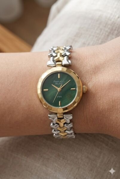 Ferrucci Zarif ve Şık Tasarım Kadın Kol Saati | 26 mm Çelik Kasa, Altın Gümüş Metal Kordon, Yeşil Kadran