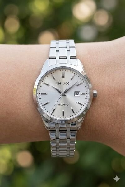 Ferrucci Yuvarlak Kasa Kadın Kol Saati | 31 mm Çelik Kasa, Gümüş Metal Kordon, Gümüş Kadran