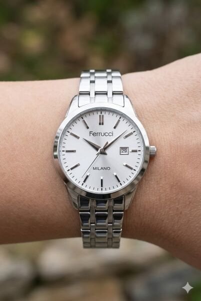 Ferrucci Yuvarlak Kasa Kadın Kol Saati | 31 mm Çelik Kasa, Gümüş Metal Kordon, Gümüş Kadran