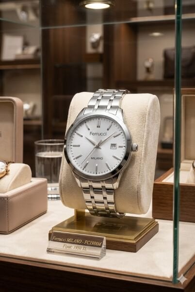 Ferrucci Yuvarlak Kasa Kadın Kol Saati | 31 mm Çelik Kasa, Gümüş Metal Kordon, Gümüş Kadran