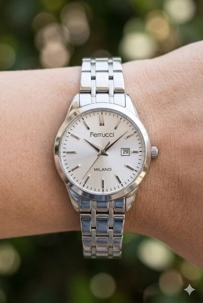Ferrucci Yuvarlak Kasa Kadın Kol Saati | 31 mm Çelik Kasa, Gümüş Metal Kordon, Gümüş Kadran