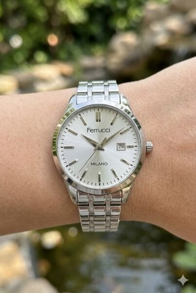 Ferrucci Yuvarlak Kasa Kadın Kol Saati | 31 mm Çelik Kasa, Gümüş Metal Kordon, Gümüş Kadran