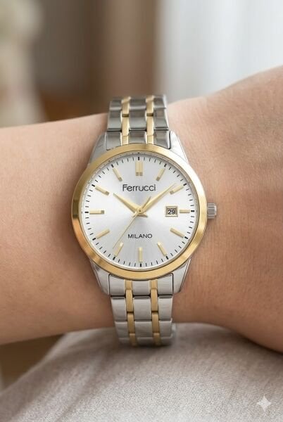 Ferrucci Gümüş & Altın Kadın Kol Saati | 31 mm Çelik Kasa, Altın Gümüş Metal Kordon, Gümüş Kadran
