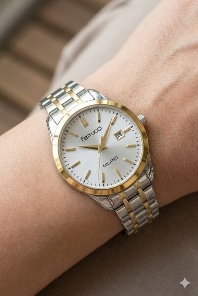 Ferrucci Gümüş & Altın Kadın Kol Saati | 31 mm Çelik Kasa, Altın Gümüş Metal Kordon, Gümüş Kadran
