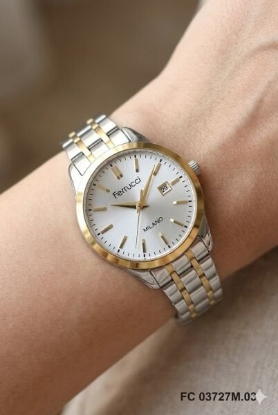 Ferrucci Gümüş & Altın Kadın Kol Saati | 31 mm Çelik Kasa, Altın Gümüş Metal Kordon, Gümüş Kadran